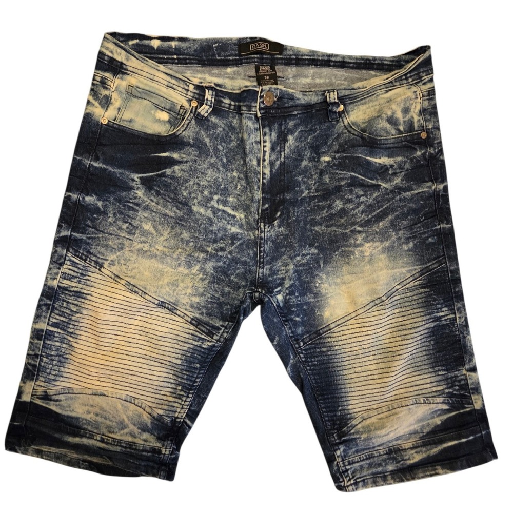 DASH Premium Jean Mens 38 Blue Acid Wash Moto Biker Denim Shorts Ribbed Stretch